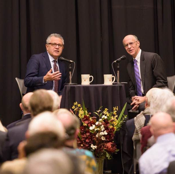 CNN Legal Analyst Jeffrey Toobin with Professor Bob Klonoff at the 2018 Kennedy Lecture.