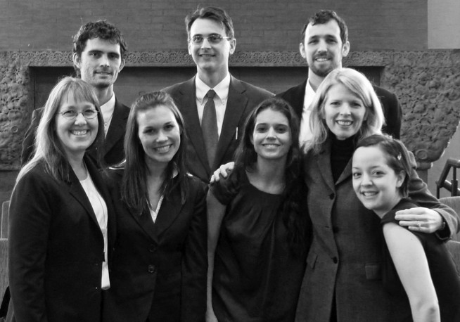 Animal Law Moot Court team members and coaches. Top row: Mark Billingsley '10, Bryan Telegin '10, and Josh Allen '11. Bottom row: Clinica...