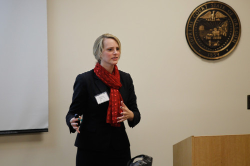 Bridgette Harwood of Criminal Legal Services co-trains on the intersections of identity theft and violent crime. Photo by Chris Wilson.