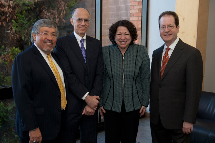 White & Case senior partner Rudy Aragon, Dean Robert Klonoff, U.S. Supreme Court Justice Sonia Sotomayor, and Lewis & Clark Presi...