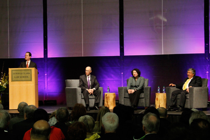 President Barry Glassner, Dean Robert Klonoff, U.S. Supreme Court Justice Sonia Sotomayor, and White & Case senior partner Rudy Aragon.