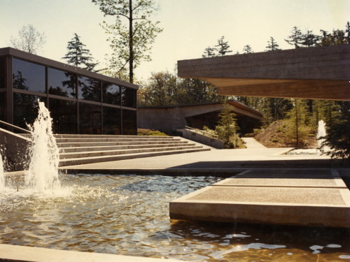 Fountains grace the original exterior of the Paul L. Boley Library. This view, captured in 1973, also shows the John Gantenbein Building ...