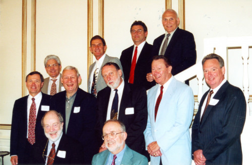 Members of the Classes of 1962 and 1972, shown here with Professors Ron Lansing and Doug Newell, take part in a 2002 reunion.