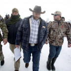 mmon Bundy, center, was seen after addressing the media at the Malheur National Wildlife Refuge near Burns, Ore., on Jan. 4, 2016. PHOTO:...