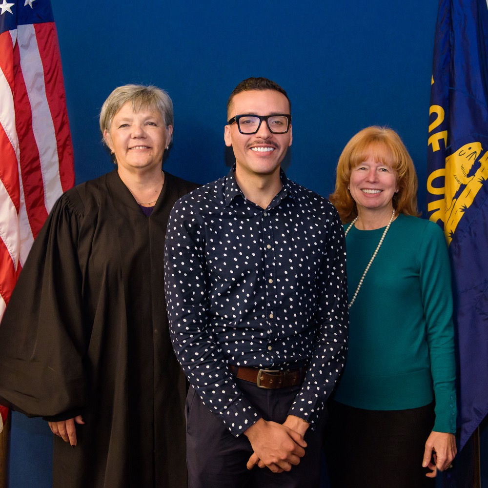 Diego Gutiérrez with Judge Anna Brown and Dean Jennifer Johnson