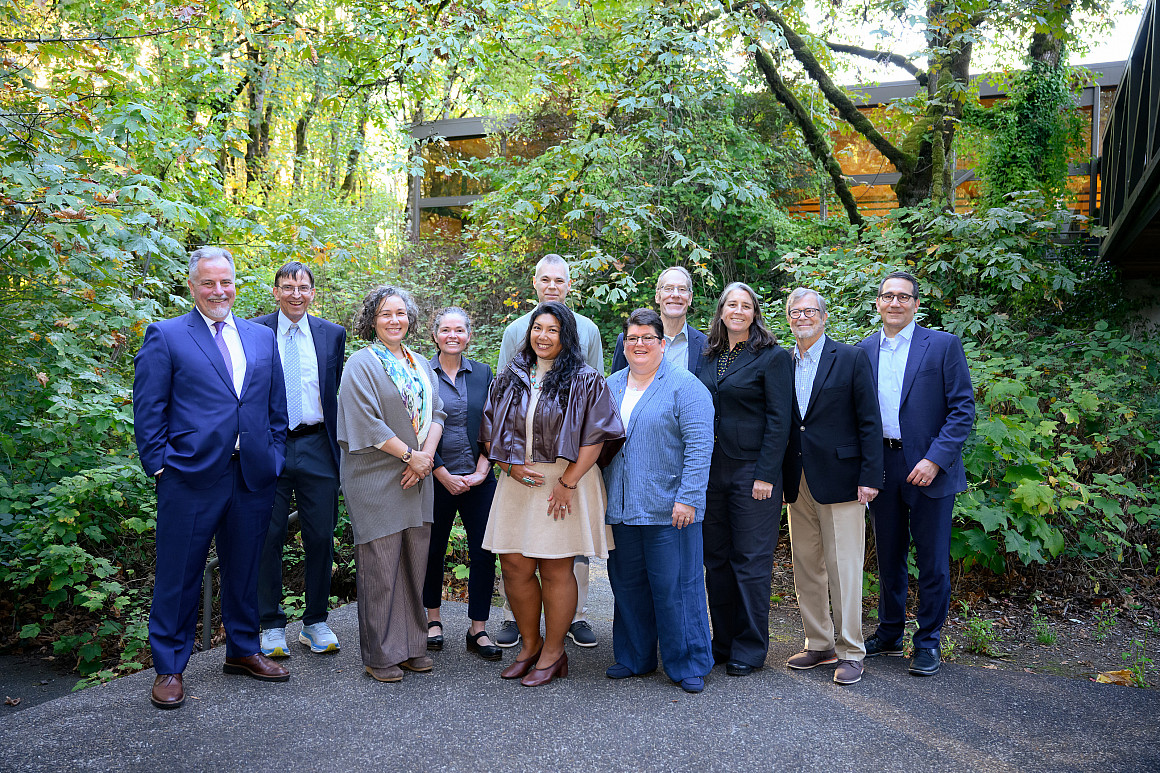 L-R: Paul Conable, JD '97, Prof Craig Johnston, Prof Lisa Benjamin, Prof Melissa Powers, Marc Fink, JD '95, Chris Gunn, JD '11, Prof Robi...