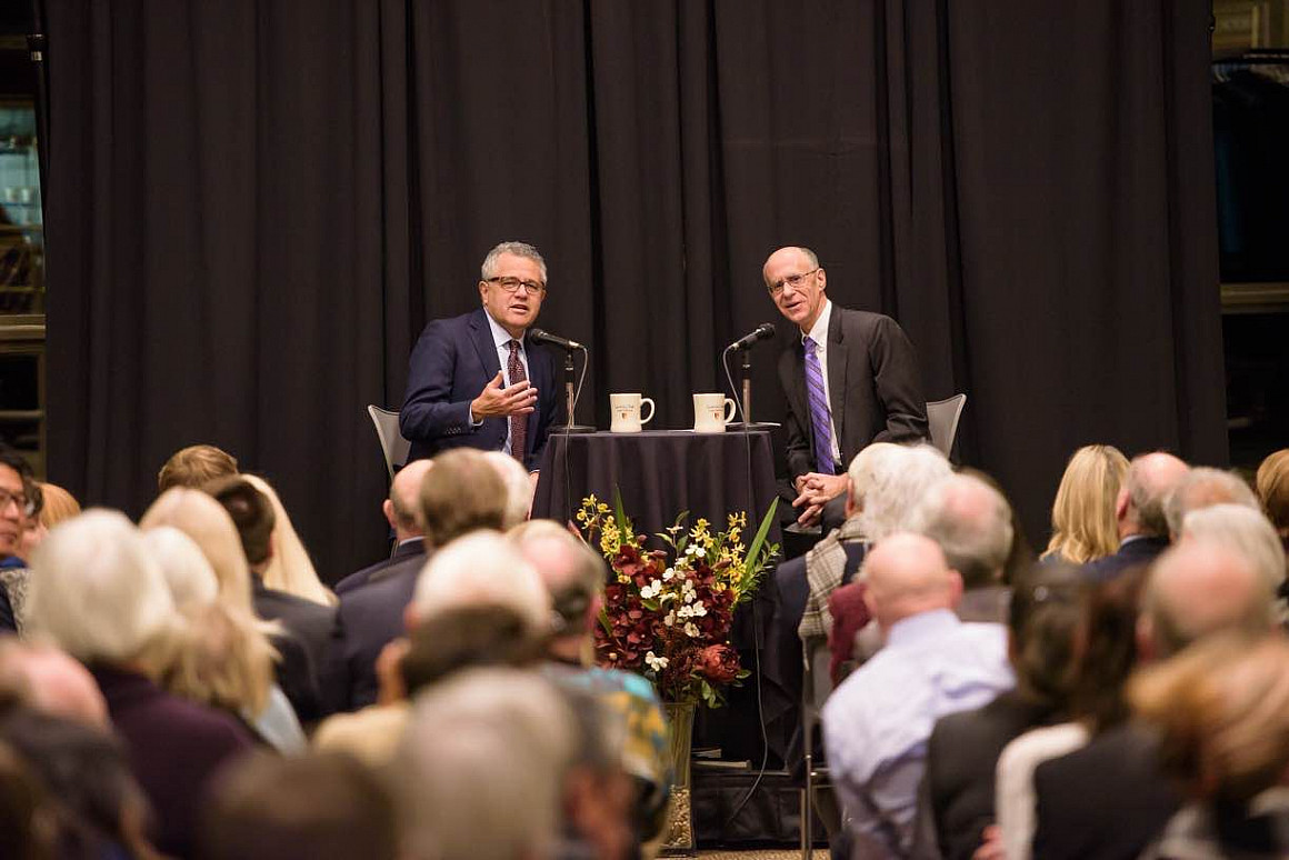 CNN Legal Analyst Jeffrey Toobin with Professor Bob Klonoff at the 2018 Kennedy Lecture.