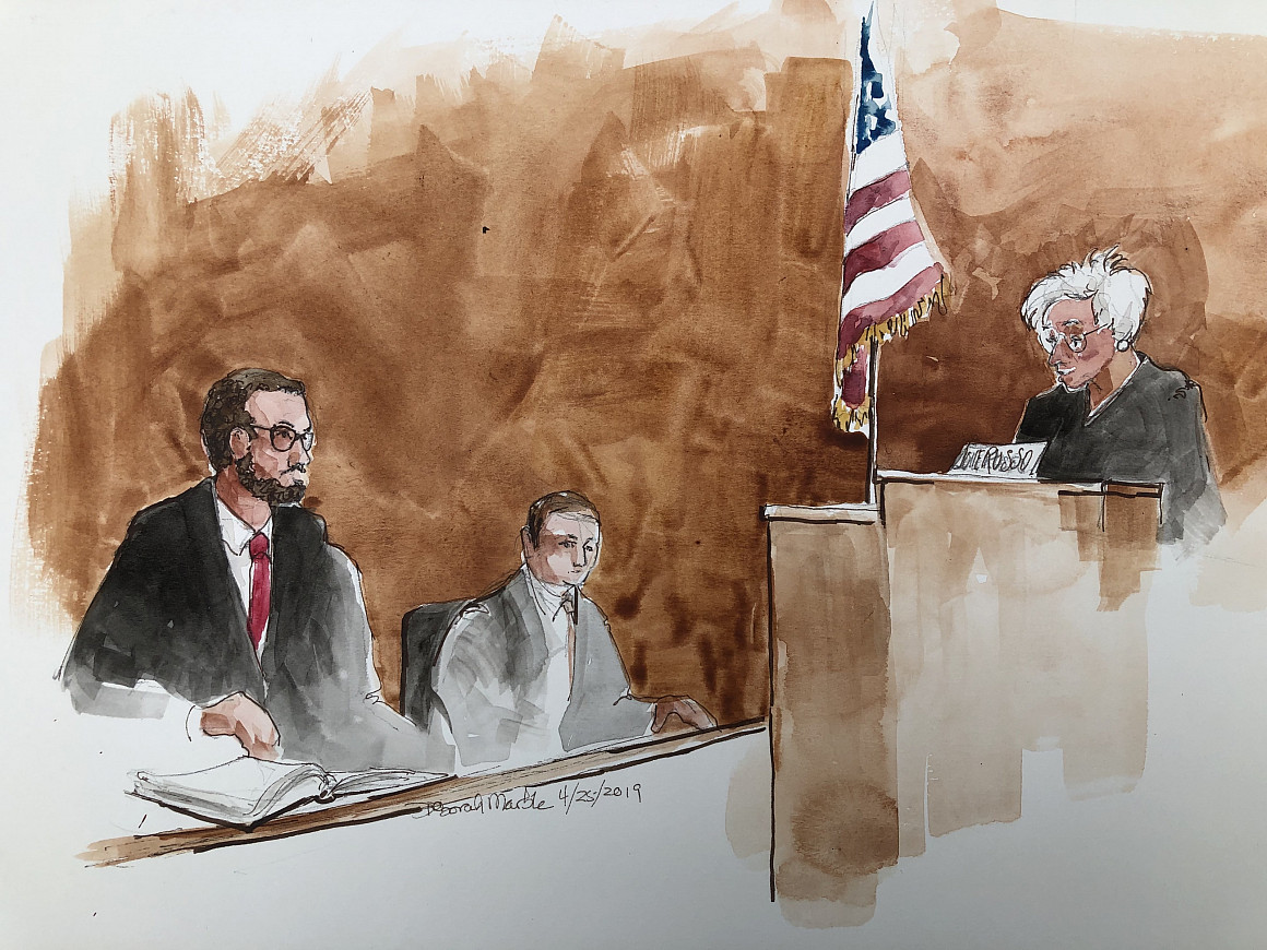 An artist's rendering of John MacMorris-Adix making oral arguments before the US District Court Judge Russo.