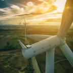Wind turbine from aerial view. Sustainable development, environment friendly of wind turbine by g...