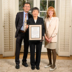Ying Chen PhD '95, Distinguished Graduate standing with Jie Lian PhD '20 and Dean Jennifer Johnson