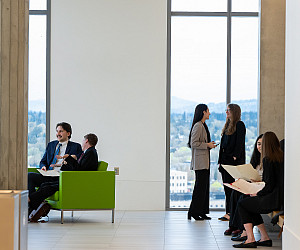 Students preparing to enter courtrooms for their 1L Oral Arguments