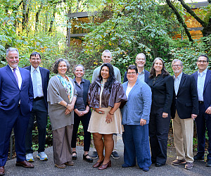 L-R: Paul Conable, JD '97, Prof Craig Johnston, Prof Lisa Benjamin, Prof Melissa Powers, Marc Fink, JD '95, Chris Gunn, JD '11, Prof Robi...