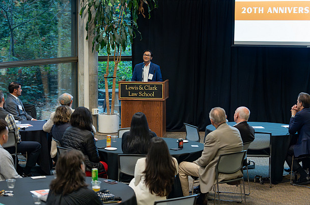 Brian Aguilar '25, this year's recipient of the Roosevelt Robinson Scholarship, speaking at the 20th Anniversary event.