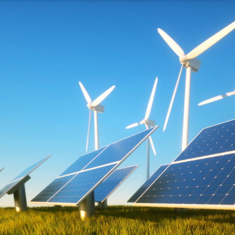 3d render image of grass field with photovoltaic and wind power plants