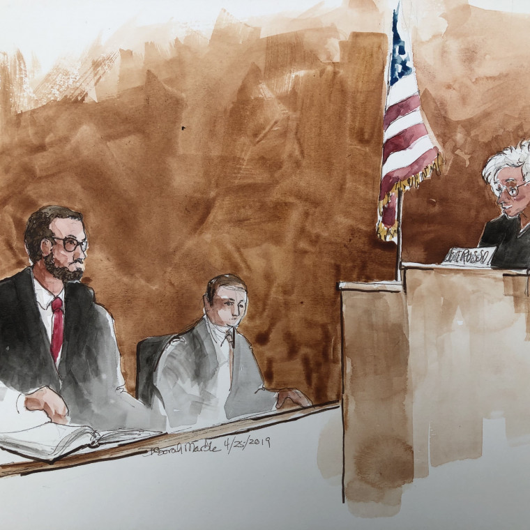 An artist's rendering of John MacMorris-Adix making oral arguments before the US District Court Judge Russo.