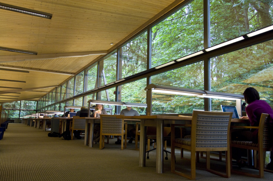 Students at work in Boley. The quiet study area in Boley Law Library overlooks the forest and pro...