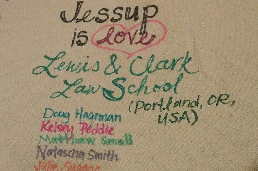 Congratulatory banner for the Jessup winners from Iran