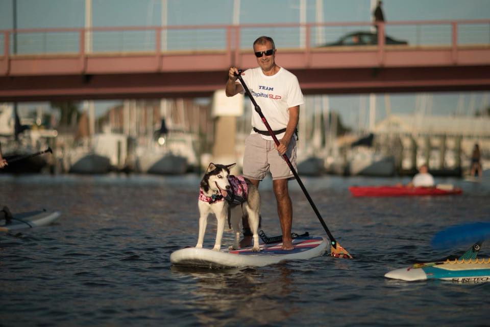 Charlie Martel and husky, Deshi on a paddleboard