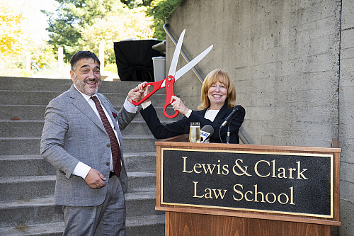 Jennifer Johnson and Matt Bergman unveiling the Bergman Courtroom