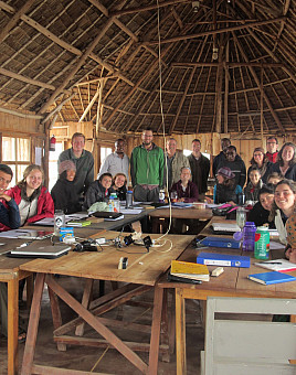 Students on an overseas trip smiling at the camera