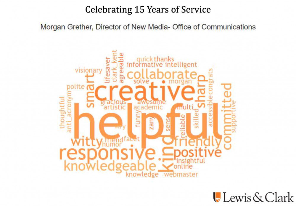Employee word cloud for Morgan Grether, February 2024:Helpful visionary lifesaver Clark Kent agreeable quick thanks informative intellige...