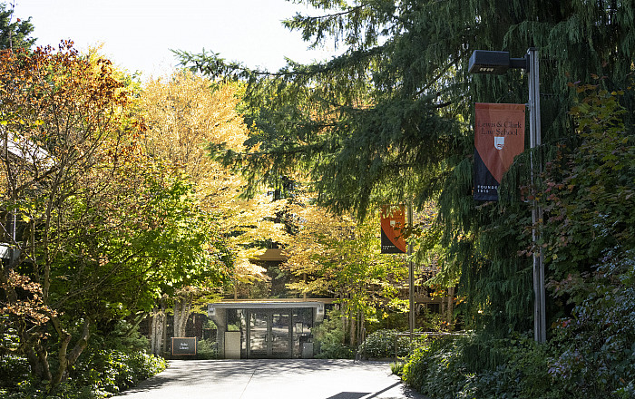 Exterior of Boley Law Library from under the McCarty Breezeway. Boley Law Library is the largest law library in Oregon, housing over 500,...