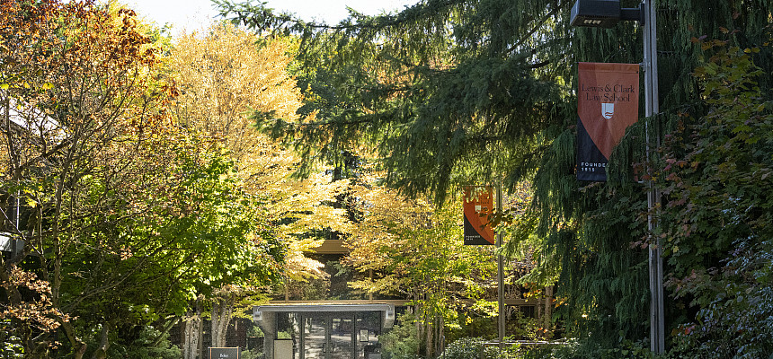 Exterior of Boley Law Library from under the McCarty Breezeway. Boley Law Library is the largest law library in Oregon, housing over 500,...