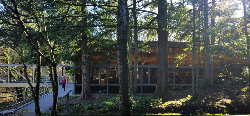 Exterior of Boley Law Library from under the McCarty Breezeway. Boley Law Library is the largest law library in Oregon, housing over 500,...