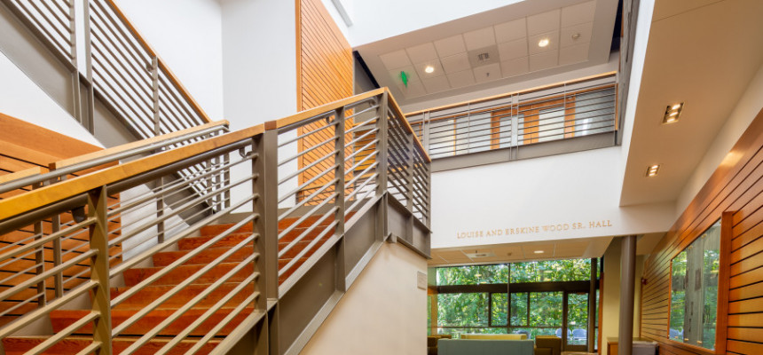 Wood Hall interior staircase. Wood Hall houses the #1 ranked Environmental Law program, as well a...