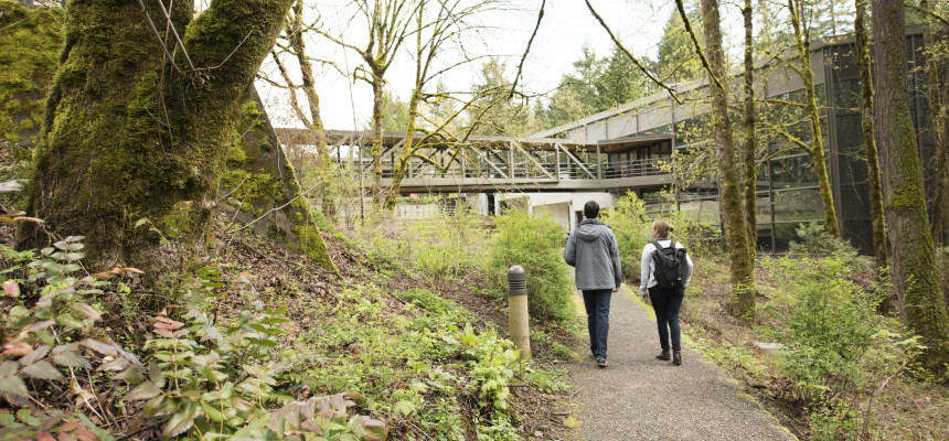 Students on the connecting pathway. Many people use the forested pathway behind our campus as a s...