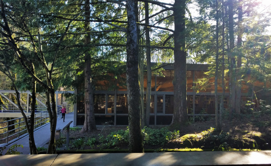 Exterior of Boley Law Library from under the McCarty Breezeway. Boley Law Library is the largest law library in Oregon, housing over 500,...