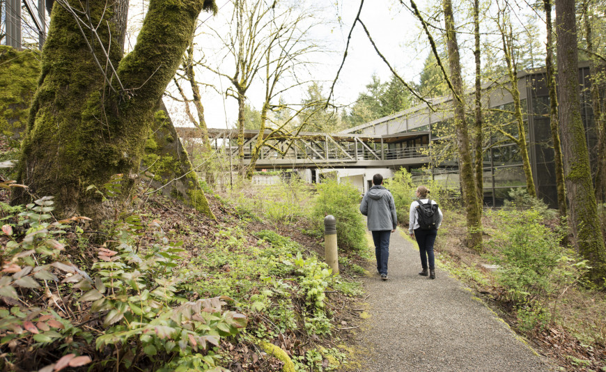 Students on the connecting pathway. Many people use the forested pathway behind our campus as a shortcut. The path begins at the back doo...