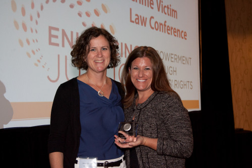 Meg Garvin with Jennifer Storm, recipient of the 2012 Gail Burns-Smith Excellence in Victim Services Award. - Photo by Chris F. Wilson