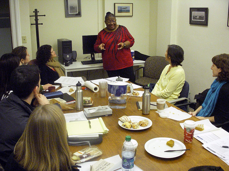 Helene Davis speaks with law students in NCVLI's Crime Victim Litigation Clinic.