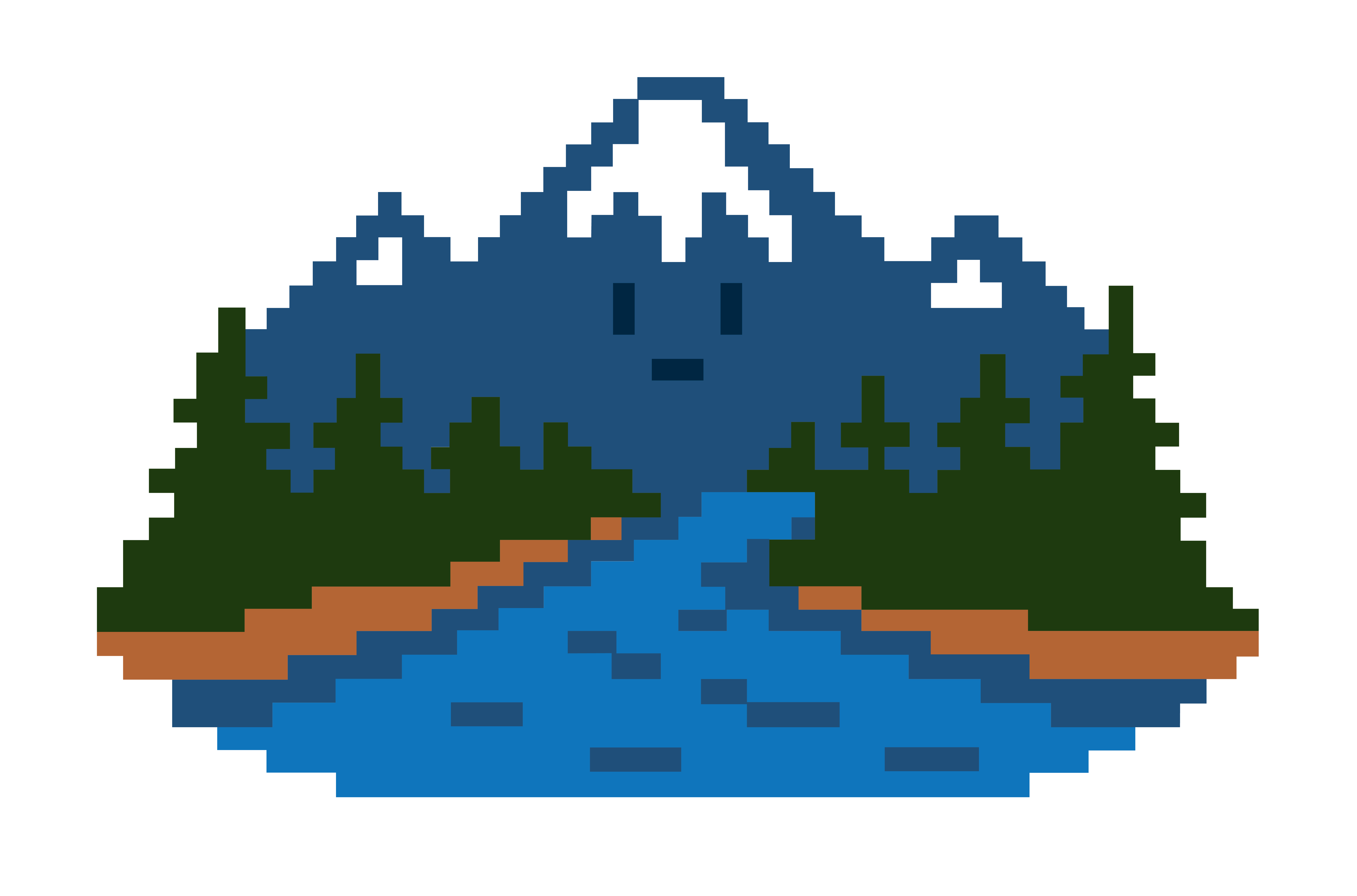 8-bit graphic of a mountain range with a river flowing down.