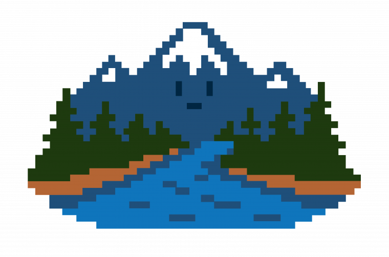 8-bit graphic of a mountain range with a river flowing down.