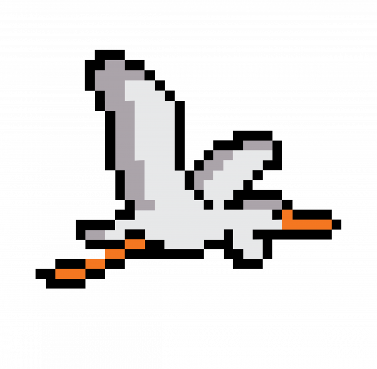 8-bit graphic of a heron flying.