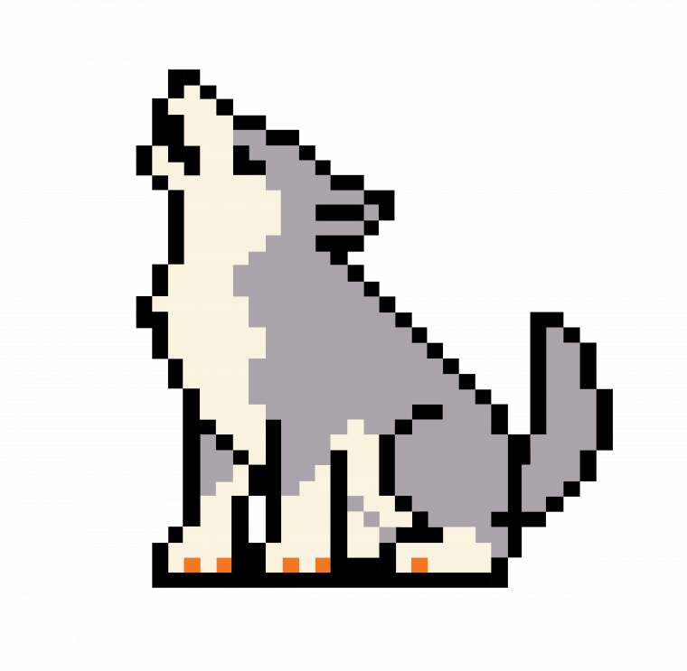 8-bit graphic of a timber wolf howling.