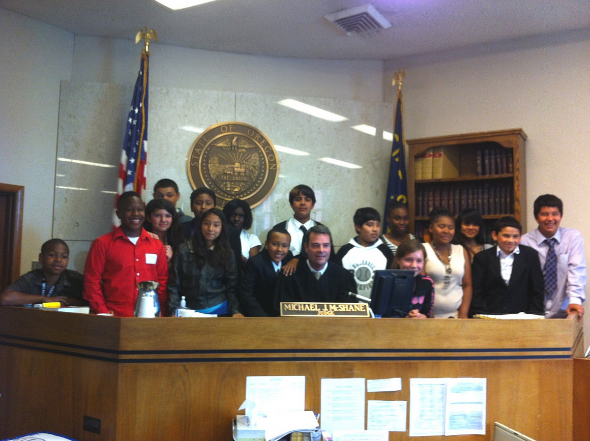 Campers posing with the Honorable Michael McShane