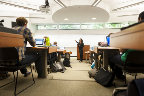 Professor Aliza Kaplan teaches in Wood Hall Classroom 8.  Wood Hall also houses nine private study rooms for group study, vast study spac...