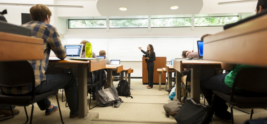 Professor Aliza Kaplan teaches in Wood Hall Classroom 8.  Wood Hall also houses nine private study rooms for group study, vast study spac...