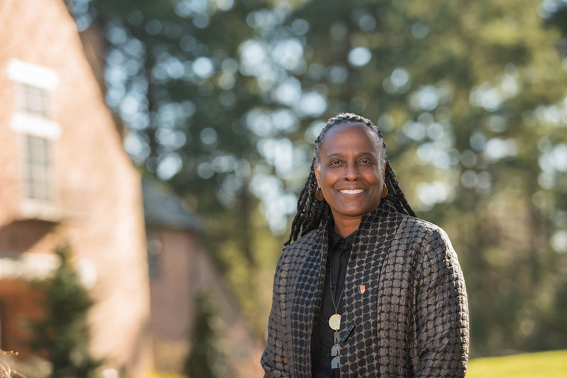 President Robin Holmes-Sullivan outside the Frank Manor House