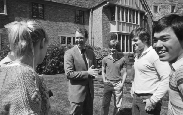 President James Gardner with Lewis & Clark students in front of the Manor House. 