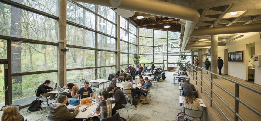 Legal Research Center (LRC) student lounge, lower level at lunchtime. All classes break during the lunch hour from noon to 1:20pm. Studen...