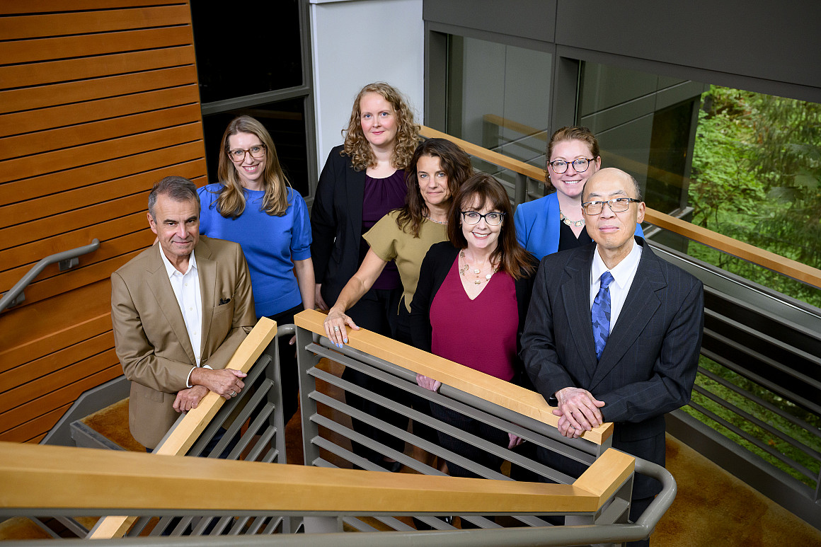 L to R: Professors Charlie Martel, Hadley Van Vactor Kroll, Jessica Den Houter, Aliza Kaplan, Sandy Patrick, Emily Fullerton, Bill Chin.