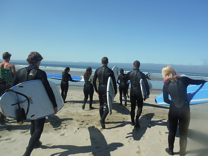 Image shows a group of people carrying surf boards towards the ocean