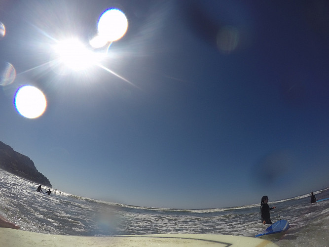 Image shows the view of the ocean from a surf board