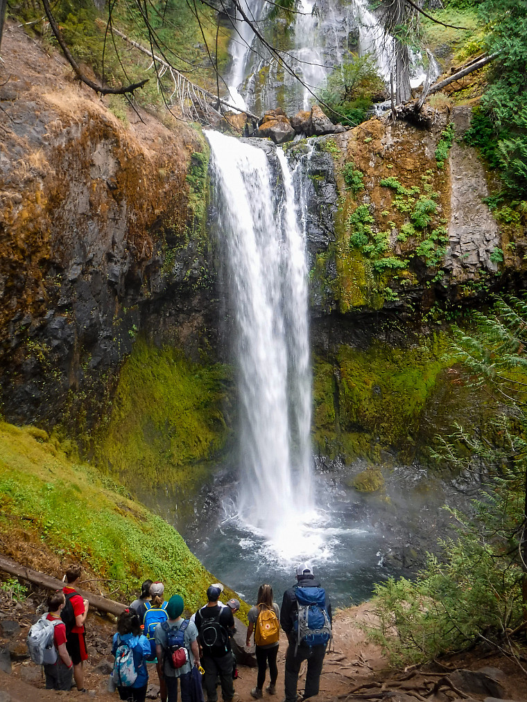 Students view a double waterfall
