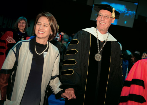 President Wim Wiewel and wife Alice depart the inauguration ceremony amid cheers from well-wishers.
