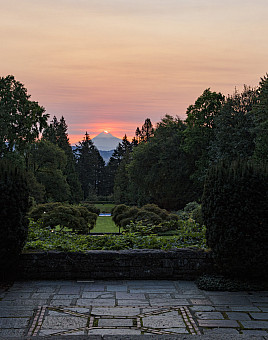 Mount Hood, as seen from the campus gardens, shines during a beautiful sunset.